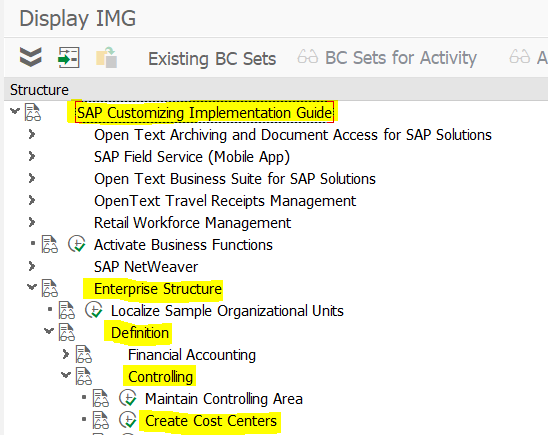 Menu path for creating cost center